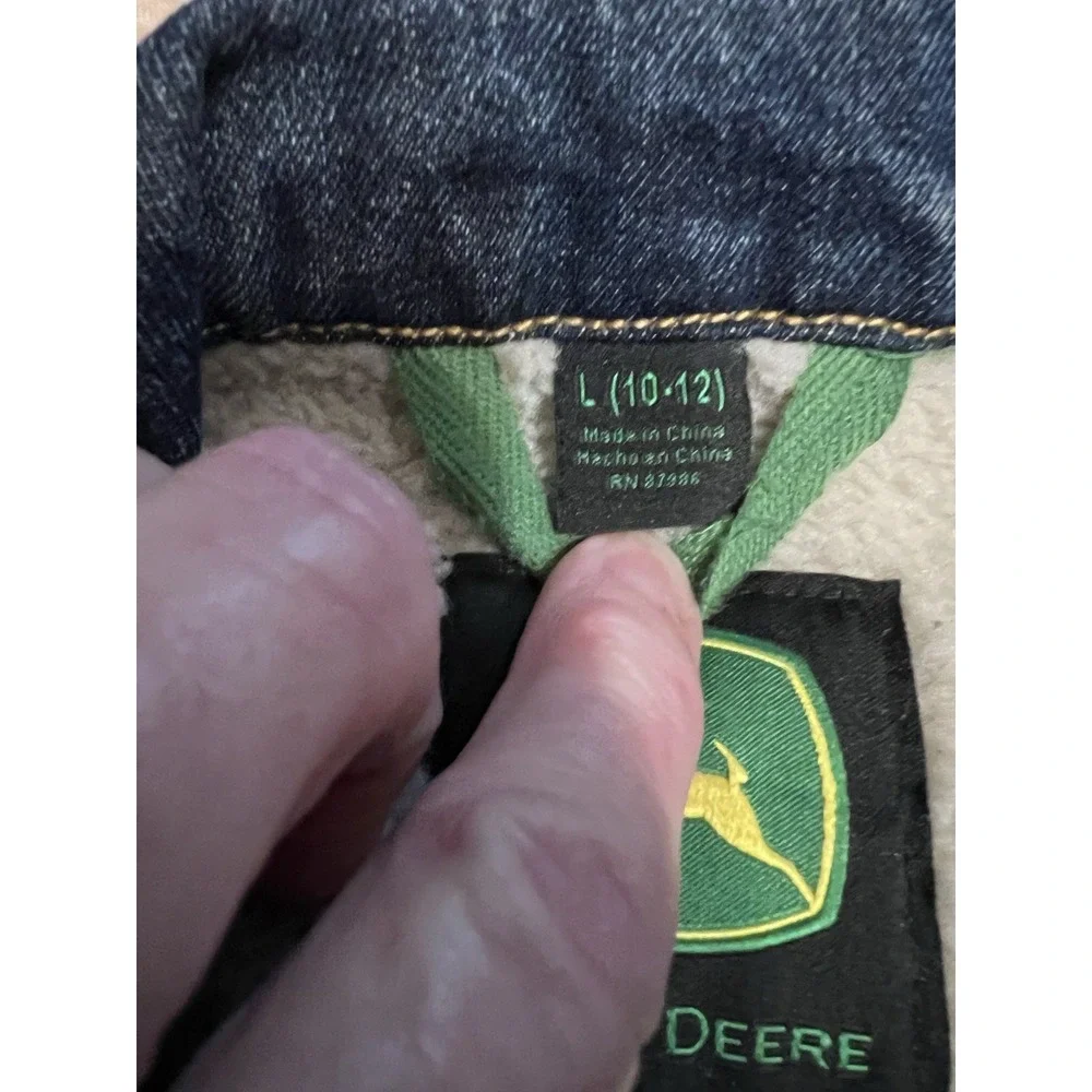John Deere Jacket Boys Large 10/12 Blue Sherpa Lined Canvas Shacket Snap Farming